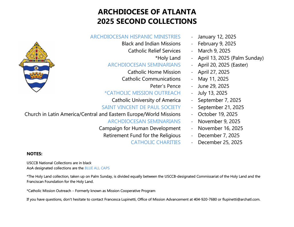 Archdiocese of Atlanta Second Collection Schedule