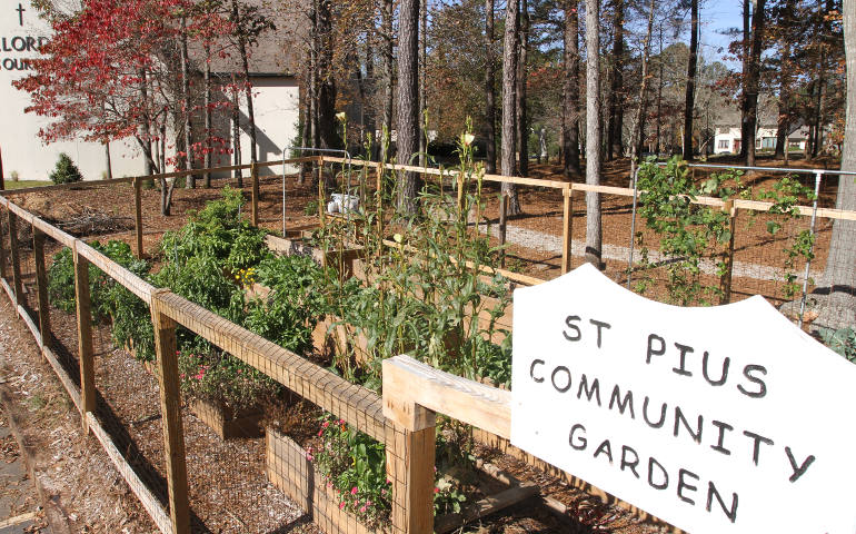 Raised flower beds in a garden outside of a Catholic Church in Conyers, Ga
