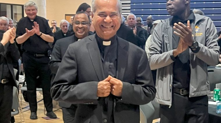 Fr. Joseph Mullakkara, MSFS with his brother priests applauding his 50 years of priesthood