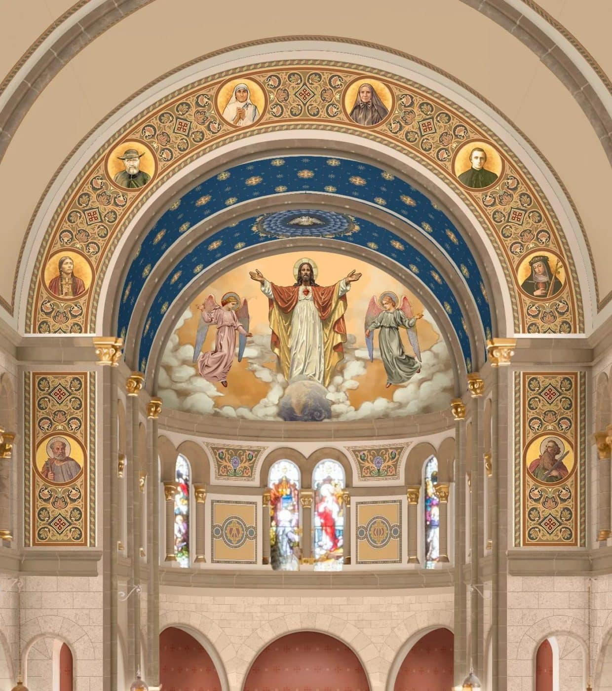 The front arched ceiling of a church adorned with religious art and stained glass windows