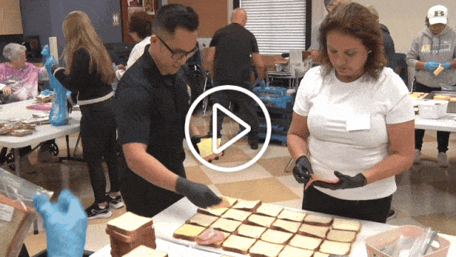 Animated GIF showing three scenes: people preparing sandwiches, a woman praying, and Archbishop Hartmayer washing someone's feet