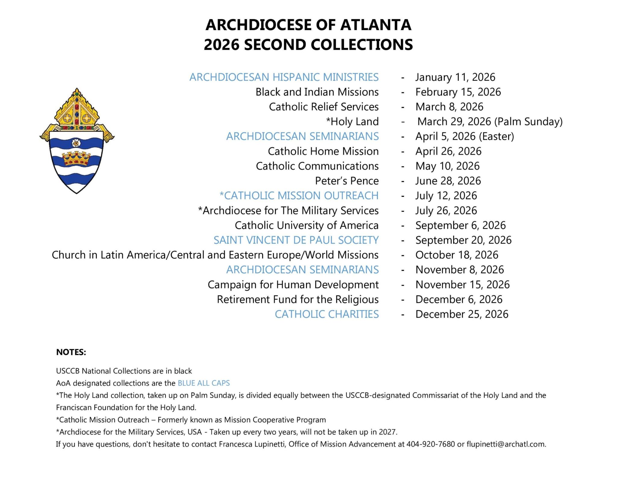 A list of all second collections in 2026 in the Archdiocese of Atlanta